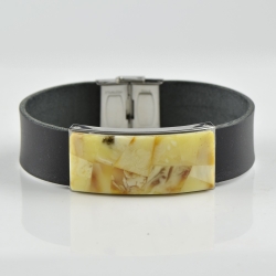 Black natural Leather Amber bracelet for men